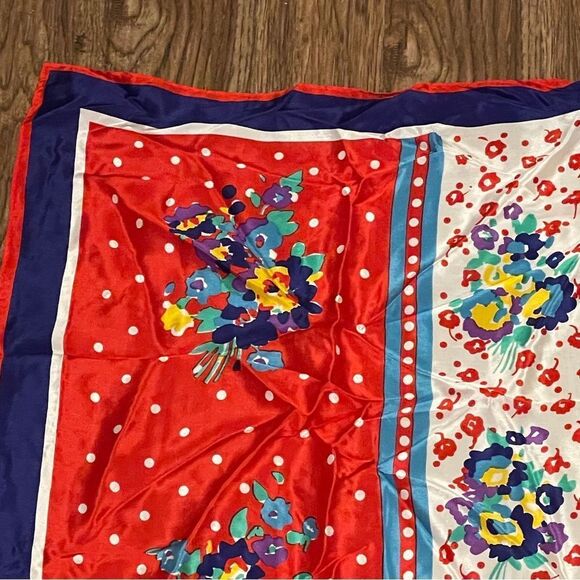 Vintage 70’s Honey Silk Scarf Floral and Polkadot red White Blue Yellow Green - Picture 12 of 12